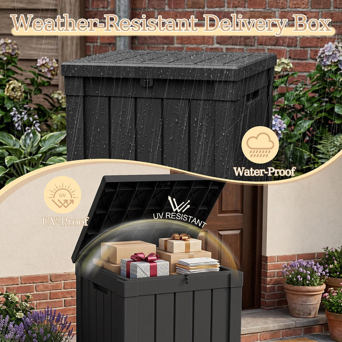 outdoor storage box, 70 gallon waterproof package delivery, close-up detail