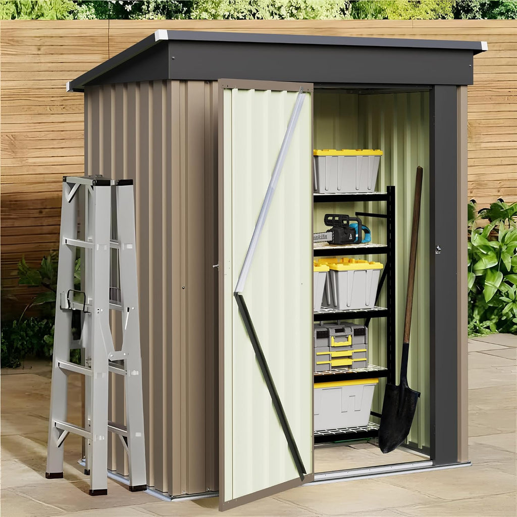 JUMMICO Metal Outdoor Storage Shed 5 x 3 FT Metal Shed with Lockable Door,Waterproof Garden Tool Shed Storage House for Backyard Patio Lawn, Brown