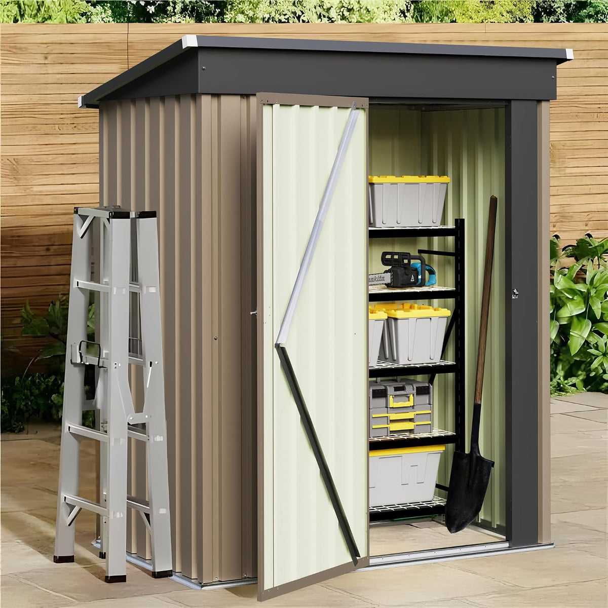 JUMMICO Metal Outdoor Storage Shed 5 x 3 FT Metal Shed with Lockable Door,Waterproof Garden Tool Shed Storage House for Backyard Patio Lawn, Brown