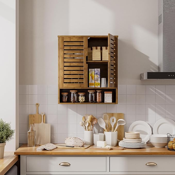 SMIBUY Bathroom Cabinet Wall Mounted, Bamboo Over-The-Toilet Storage Organizer
