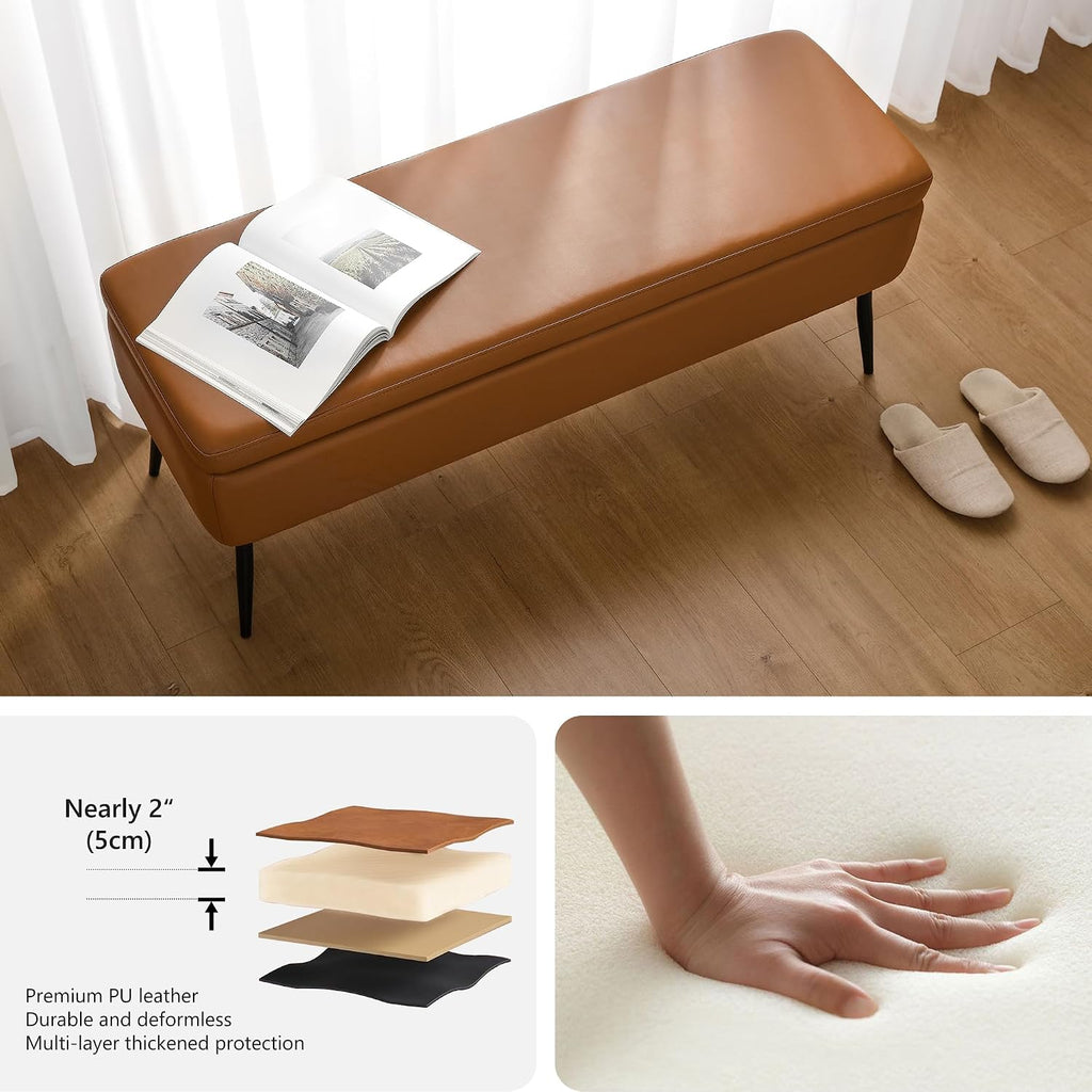 kinmars leather storage ottoman bench, end of bed, side view