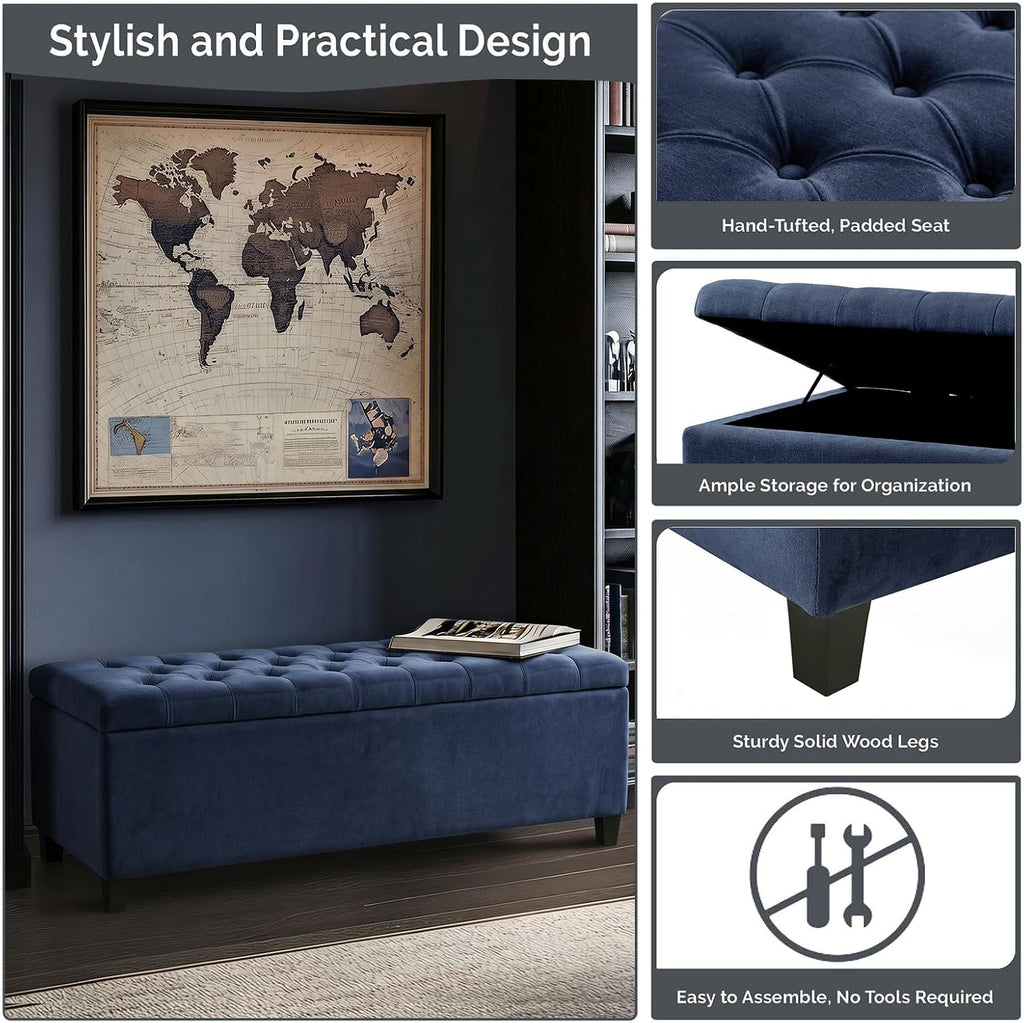 madison park 49" upholstered storage bench, button tufted, front angle view