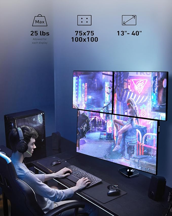 Ergounion Triple Monitor Mount, Holds Screens up to 40 Inches and 25 lbs