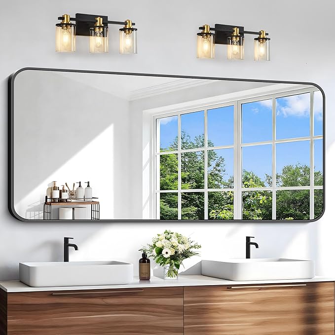 Black Bathroom Mirror, 66x30 inch Aluminum Metal Frame Rectangular Vanity Mirror