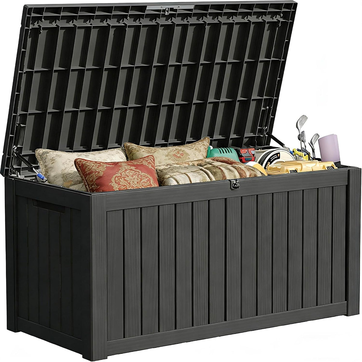150 gallon outdoor storage box, large storage deck shown in use