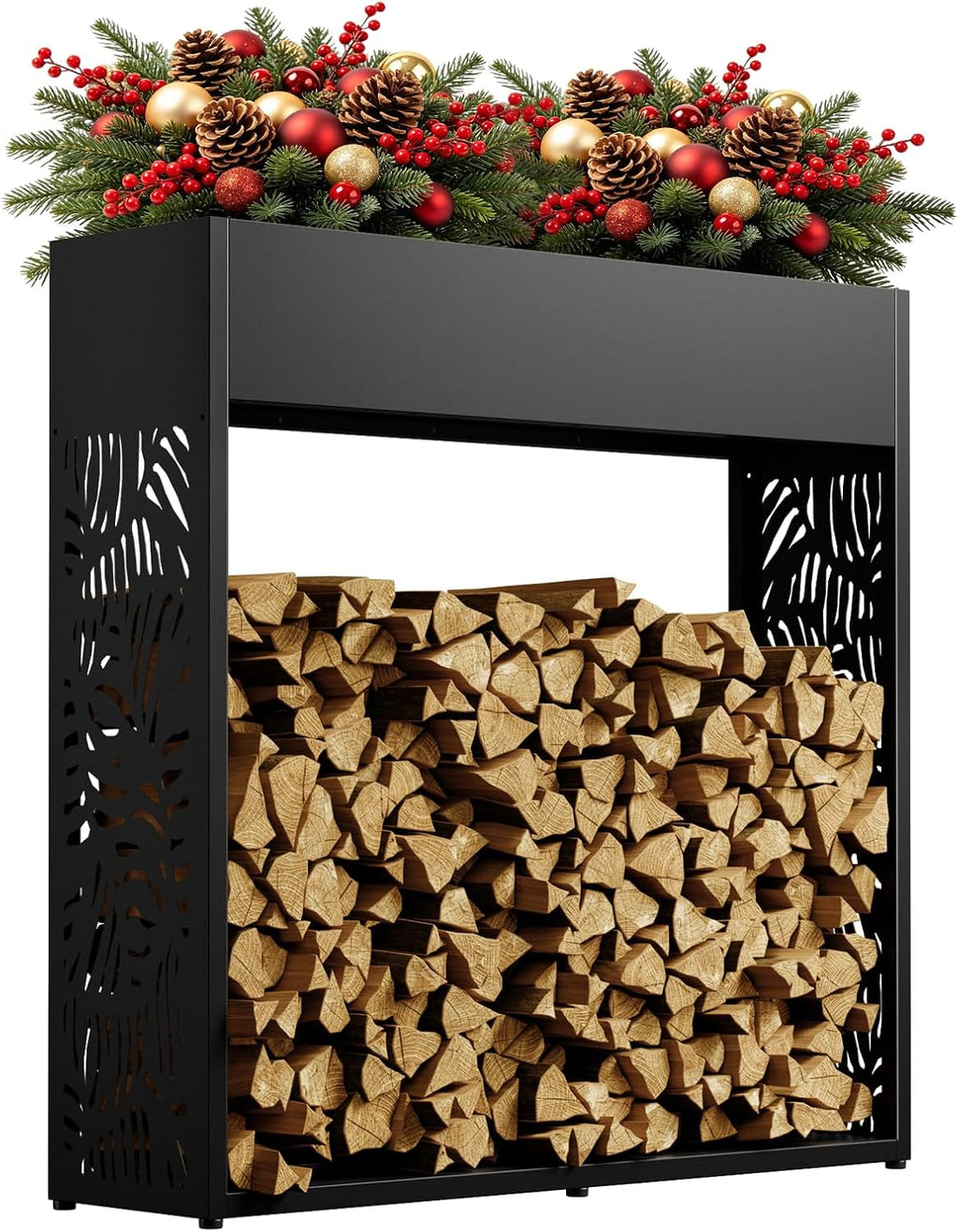 4ft Firewood Rack Outdoor, Fire Wood Log Storage with Planter Box for Indoor, Black