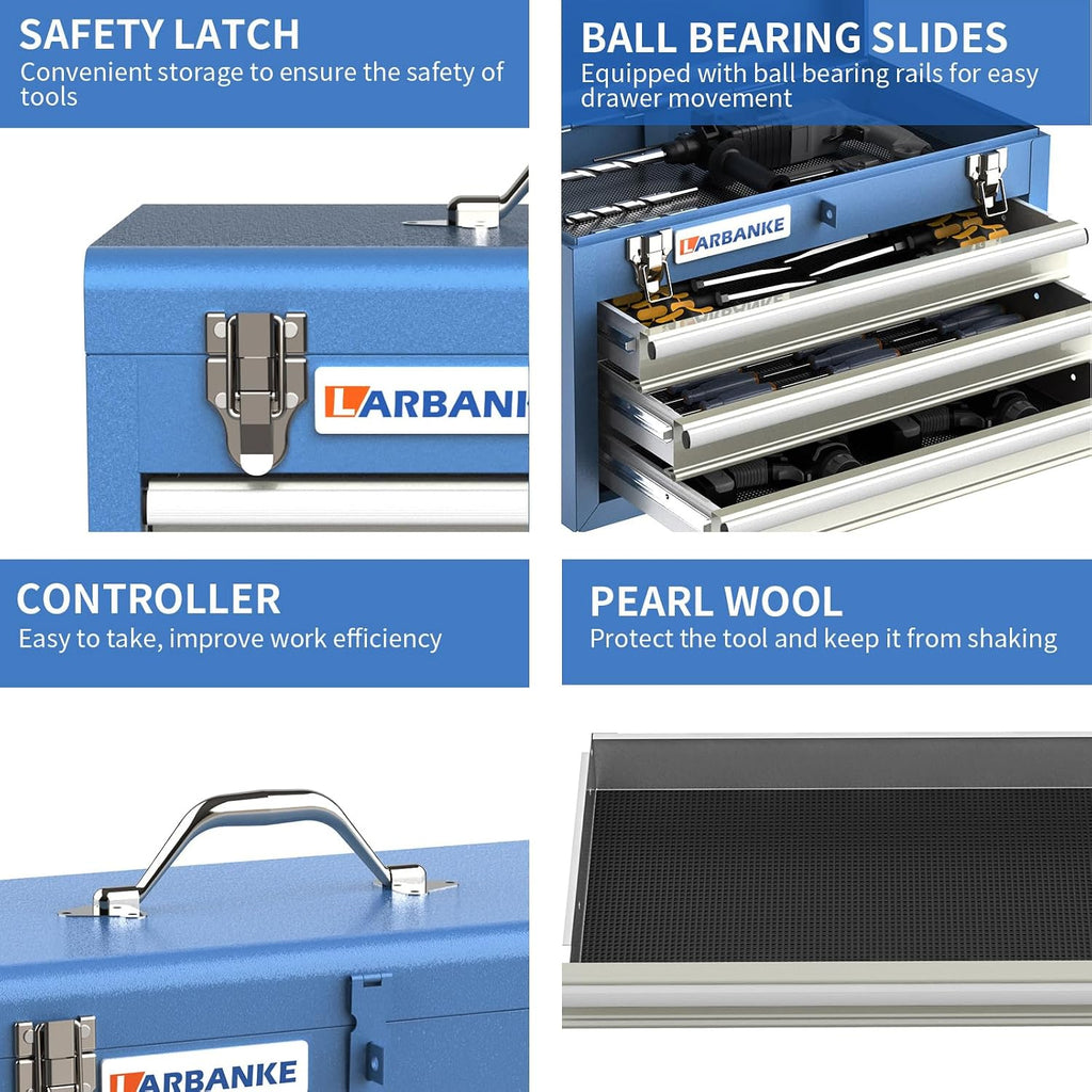 larbanke metal tool box,3 drawer tool box with, side view
