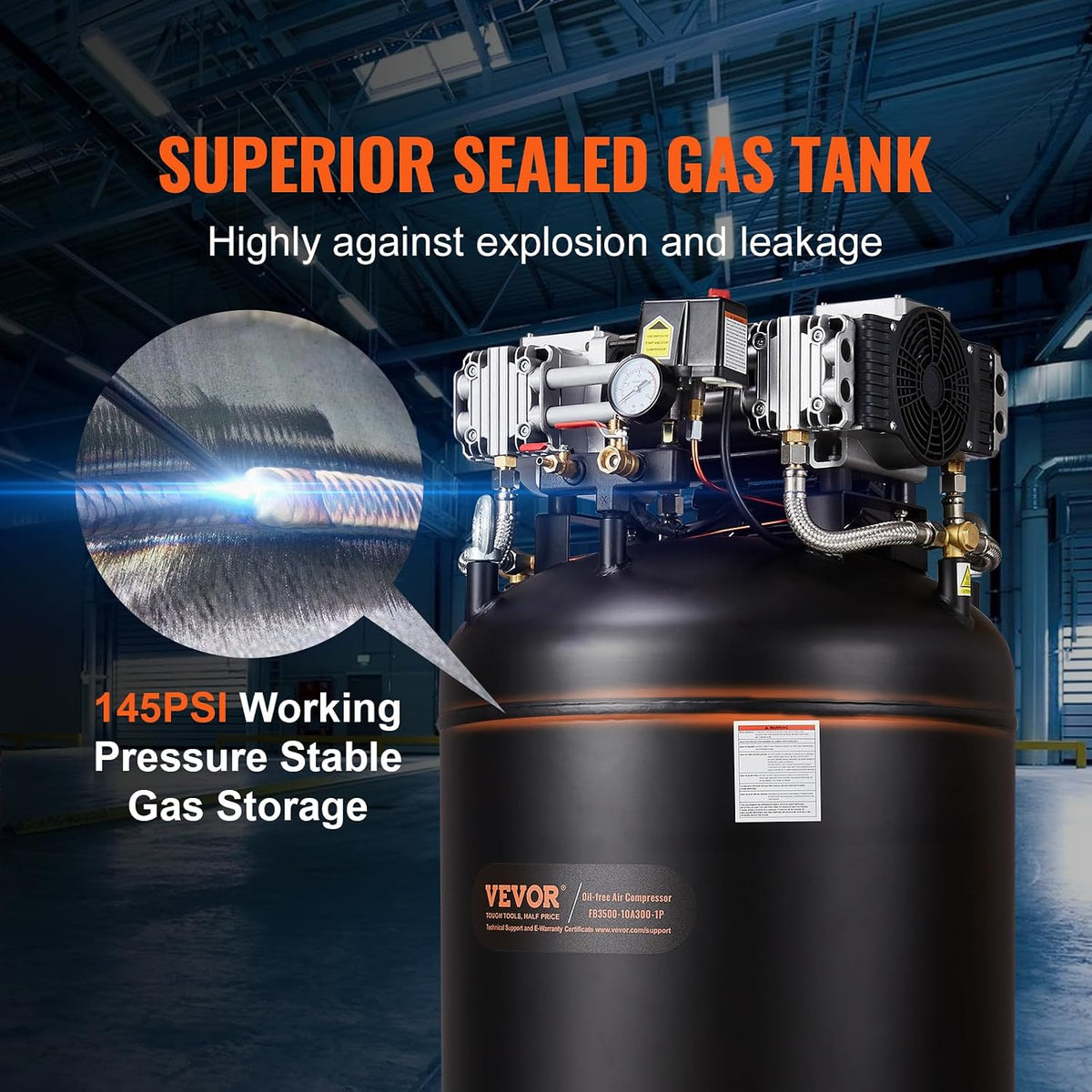 VEVOR 80 Gallon Air Compressor, 145PSI Oil Free Stationary Compressor Tank, 6.5HP 15.5SCFM@90 PSI, Quiet Compressor for Industrial Manufacturing, Workshops (220V/60Hz Single-Phase Power)
