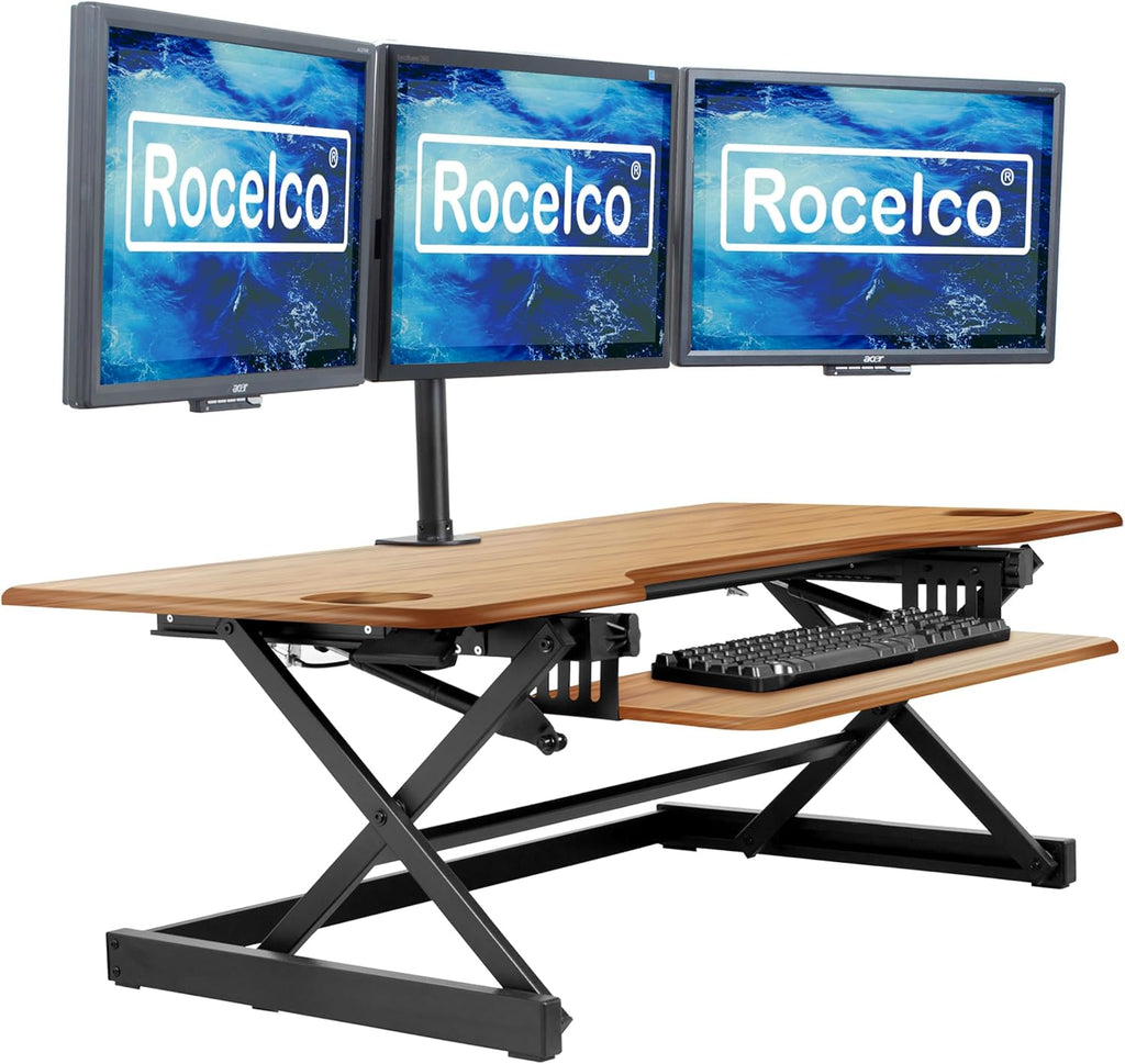 rocelco 46" large height adjustable standing desk converter shown in use