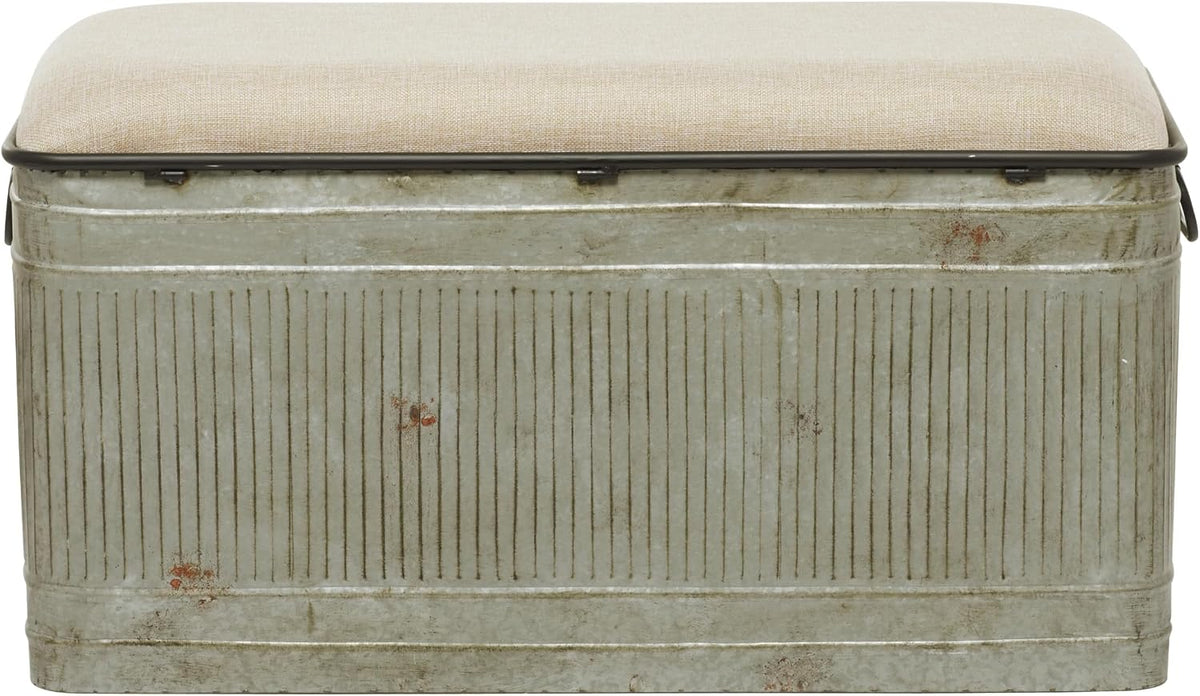 Deco 79 Metal Room Storage Bench Galvanized Entryway Bench with Cream Burlap Top and Black Latches, Bench 38" x 16" x 19", Gray