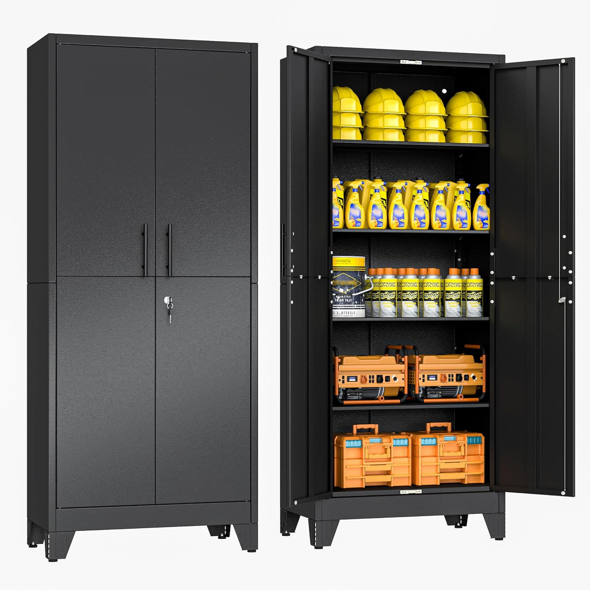 70.86" Metal Garage Storage Cabinet, Lockable Tall Tool Cabinet, Black