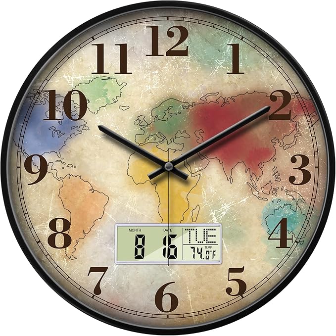 Modern Round Retro Digital and Analog Wall Clock Silent Calendar Colorful World