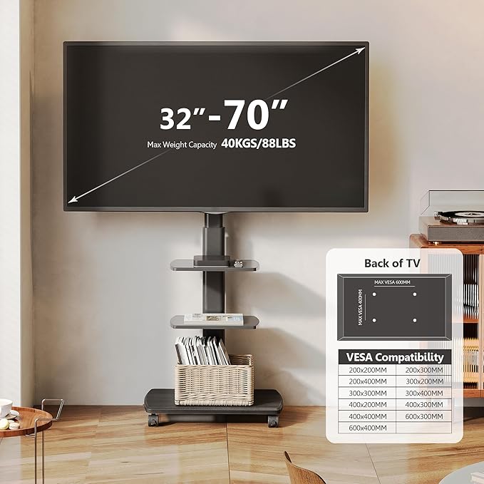 FITUEYES Swivel Rolling TV Stand, Height Adjustable Mobile TV Cart