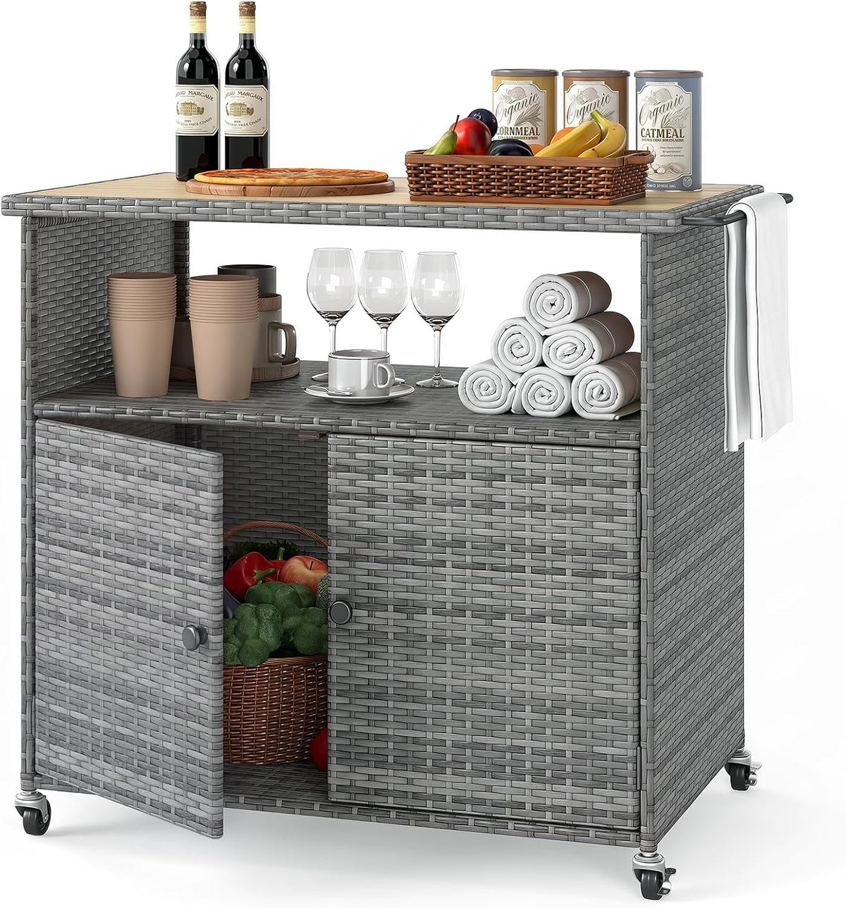 HAPPYGRILL Outdoor Storage Cabinet with Wheels, PE Rattan Deck Box