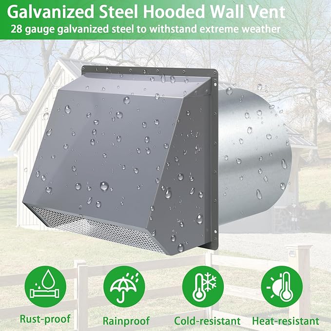8 Inch Hooded Wall Vent with Screen and Damper, Wall Exhaust Vent Cover Cap