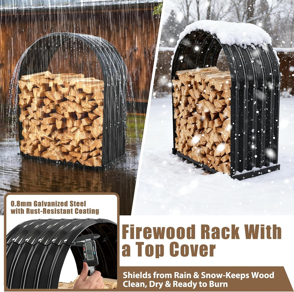 tbmlc heavy-duty black firewood storage shed with round, side view