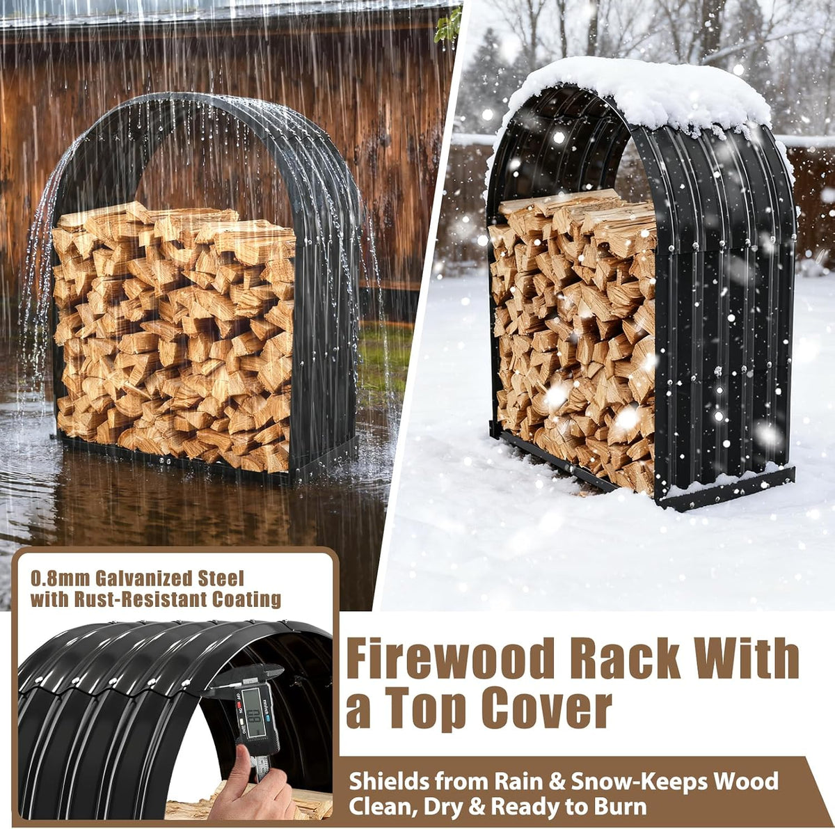 tbmlc heavy-duty black firewood storage shed with round, side view