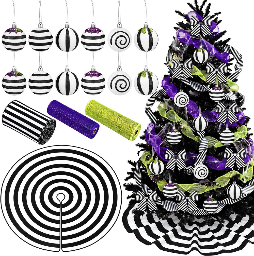 22 Pcs Halloween Tree Skirt Black White Striped Ornament Nightmare Decor