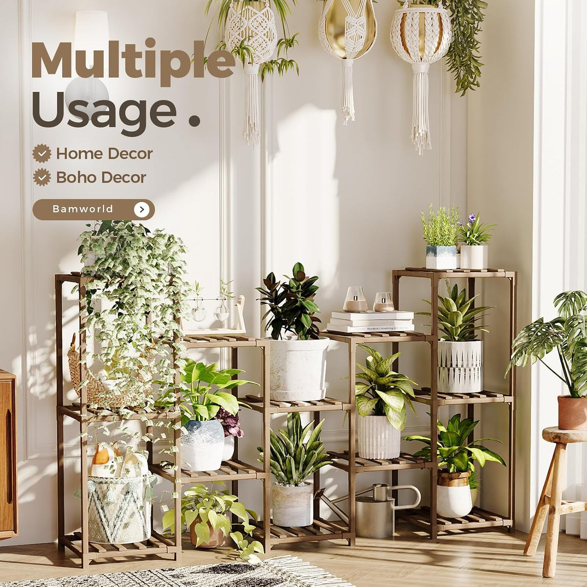 bamworld large plant shelf outdoor wood plant stand, side view