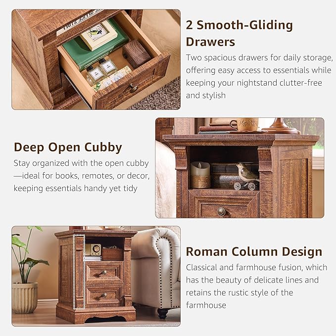 Farmhouse Nightstand with Charging Station, Wooden Sofa Table w/Roman Column