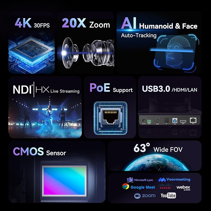 Tenveo 4K NDI PTZ Camera AI Humanoid & Face Auto-Tracking, HDMI/LAN/USB3.0 PoE