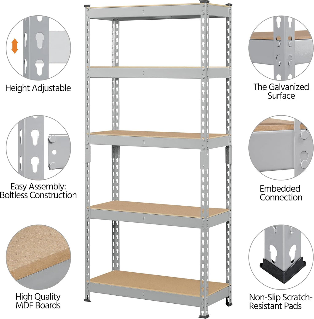 Topeakmart 2 Pack 5-Tier Metal Storage Shelves for Garage 28x12x60in Light Gray