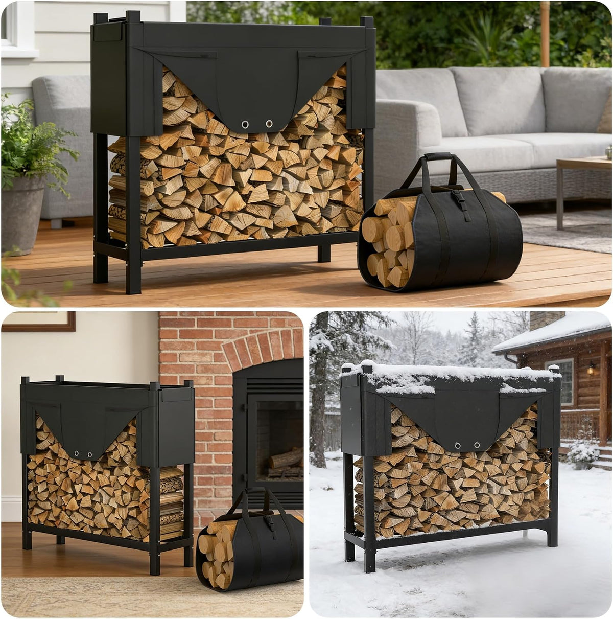 WALMANN Heavy-Duty Firewood Rack with Cover & Firewood Carry Bag, 4 ft