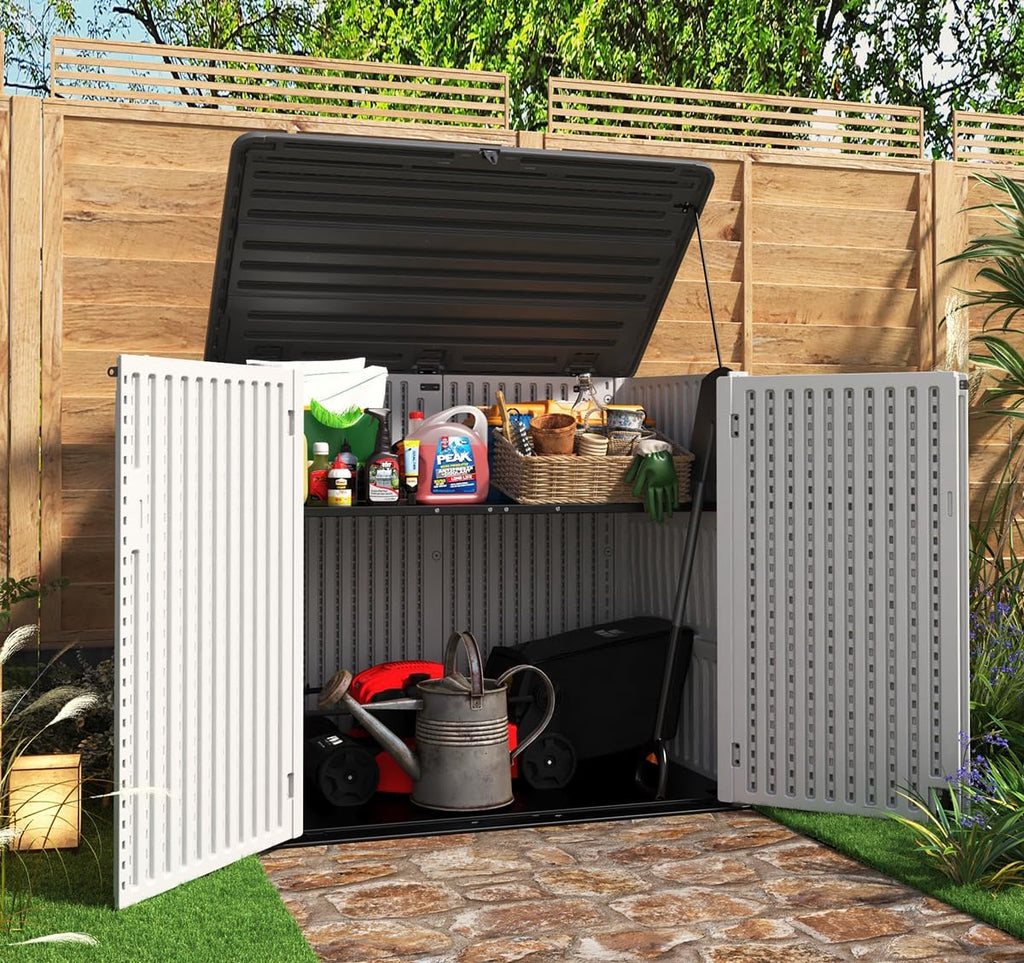 kinying horizontal outdoor storage shed,47 cu.ft resin outdoor shown in use