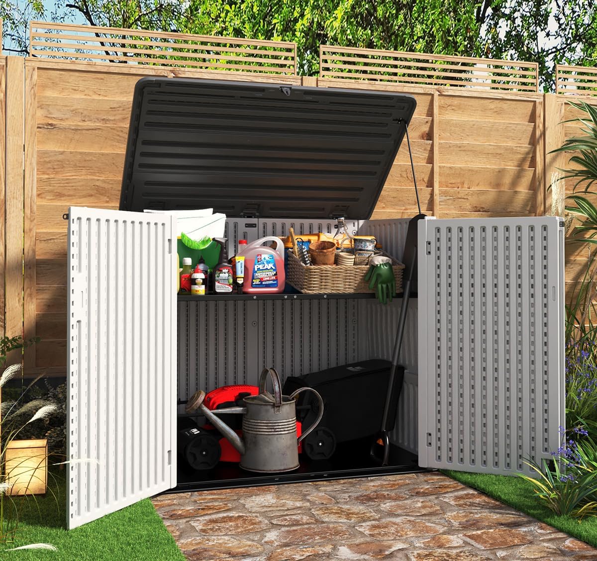 kinying horizontal outdoor storage shed,47 cu.ft resin outdoor shown in use