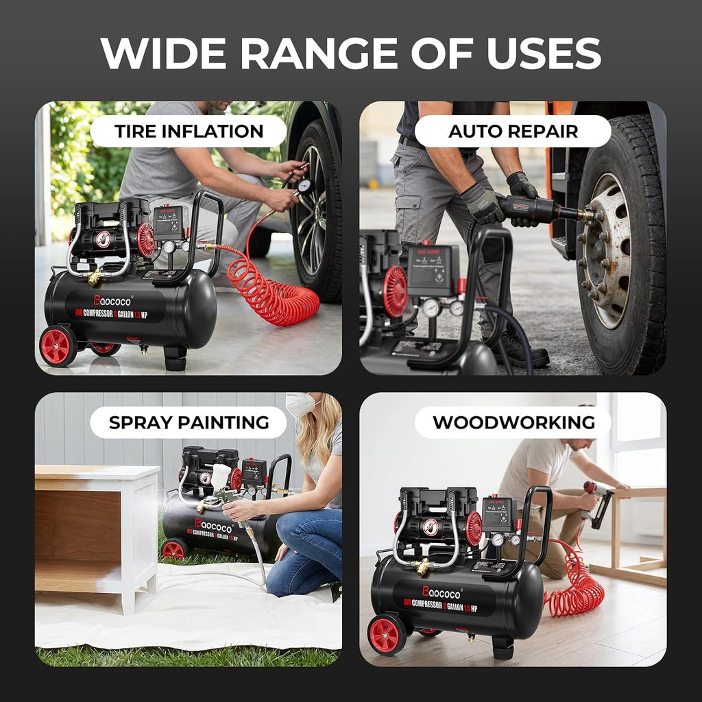 8Gallon Ultra Quiet Air Compressor with Two Quick Couplers 1.5HP MAX115PSI