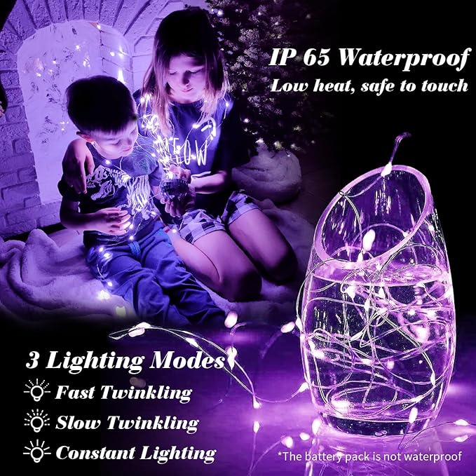 ZGWJ 100 Pack Fairy Lights Battery Operated, 7ft 20 Mini LED Fairy String Lights Silver Wire 3 Modes for DIY, Parties, Wedding, Bedroom, Halloween Christmas Decoration Purple