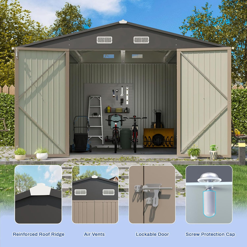 patiowell 10x8 ft outdoor storage shed, metal sheds, close-up detail