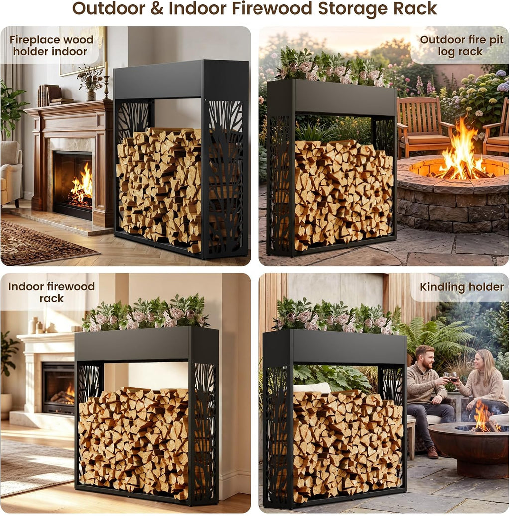 4ft firewood rack outdoor, fire wood log storage on a desk or shelf