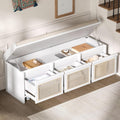 LUMISOL 48" Entryway Shoe Bench, Retro Storage Bench with Rattan Drawers & Removable Button-Tufted Upholstered Cushion for Living Room, Hallway, Foyer, White