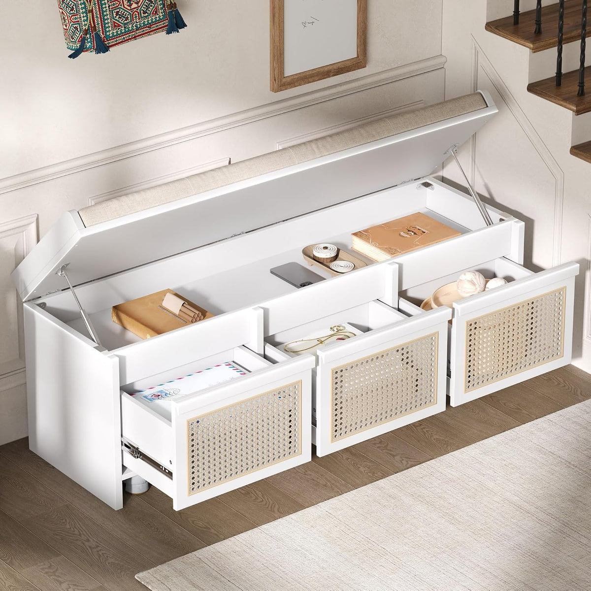 LUMISOL 48" Entryway Shoe Bench, Retro Storage Bench with Rattan Drawers & Removable Button-Tufted Upholstered Cushion for Living Room, Hallway, Foyer, White