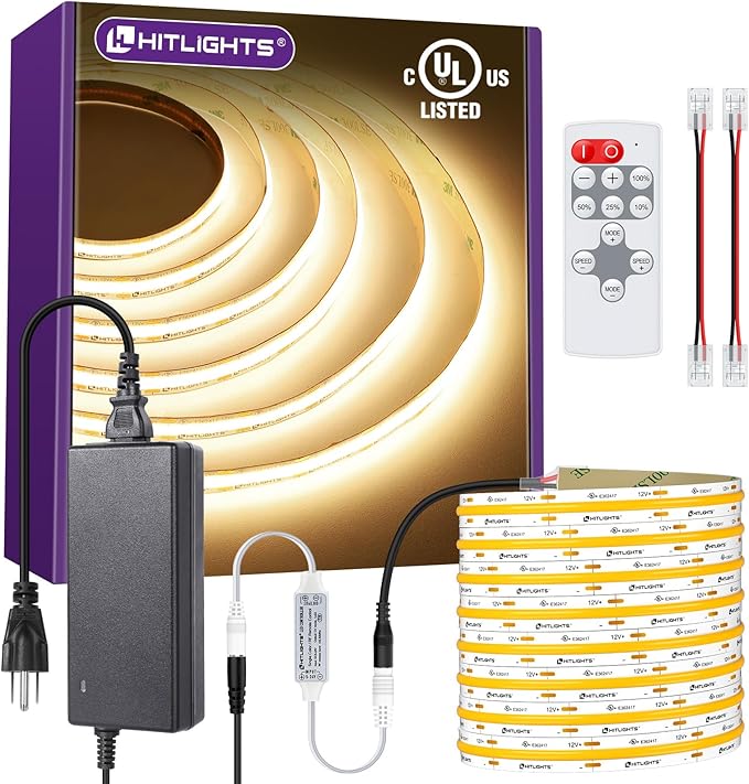 HitLights COB LED Strip Lights Kit Warm White 3000K, Dimmable Tape Light