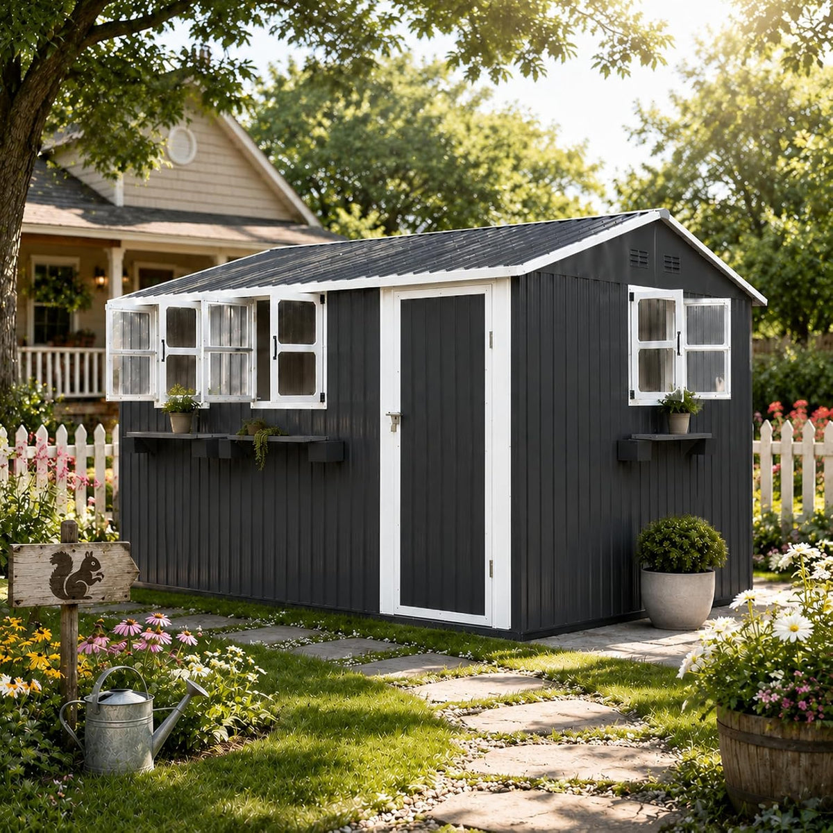 12x10 FT Outdoor Storage Shed with 3 Clear Windows, Metal Garden Shed with Flower Rack & Basket, Outside Tool Shed with Lockable Single Door, Waterproof Storage Building for Backyard, Coal Gray