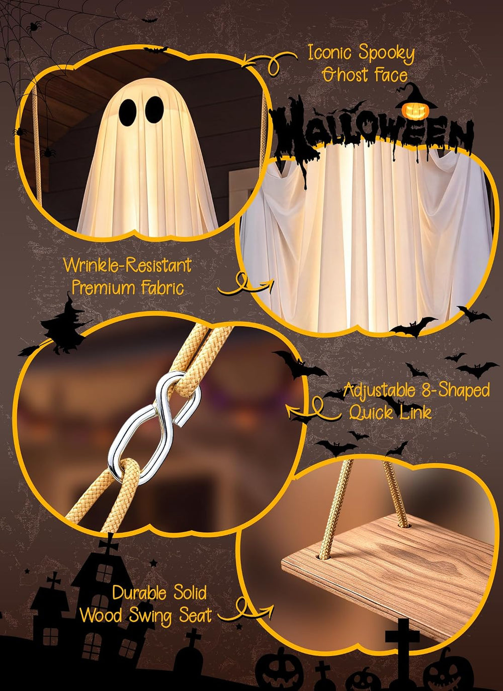 Minetom 4.5FT Swinging Ghost Outdoor Halloween Decorations, Hanging Ghost
