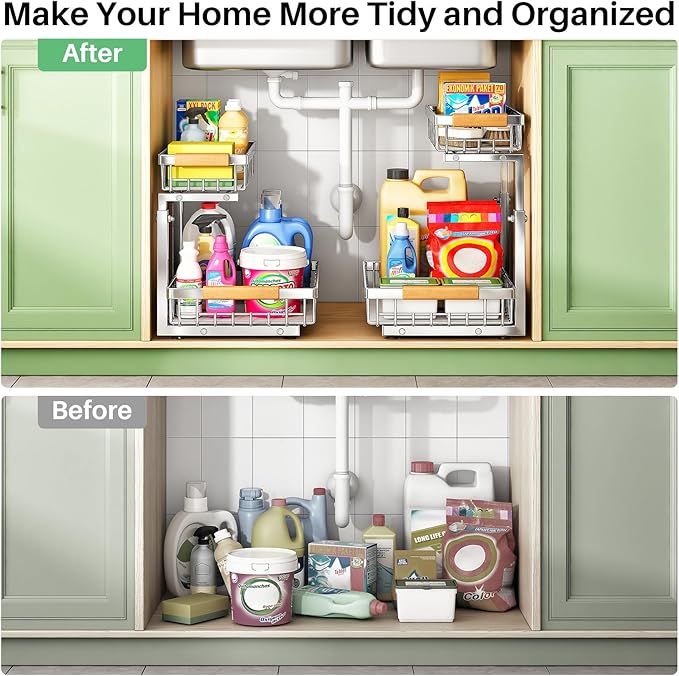Under Sink Organizer, Stainless Steel 2 Packs 2 Tier Under Sink Organizers and