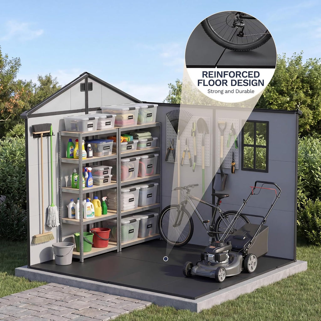greesum 8x8ft resin outdoor storage shed with floor, side view