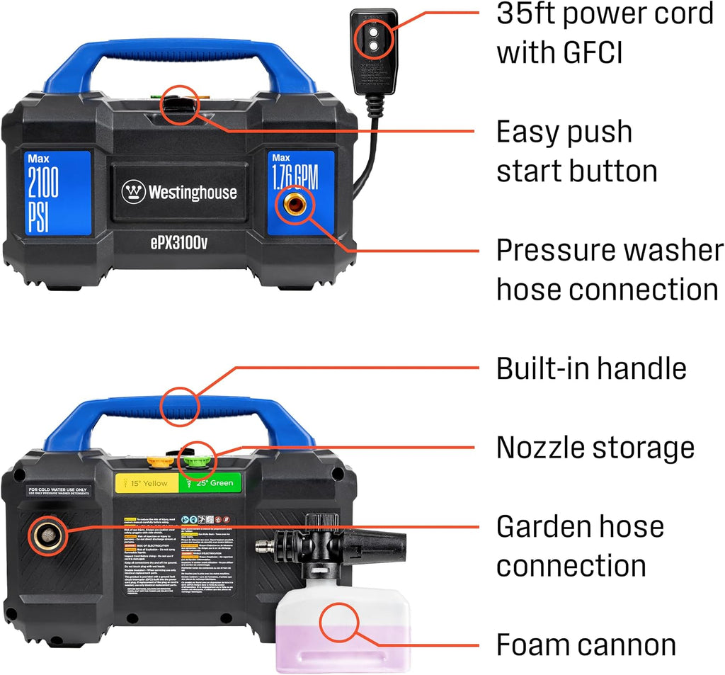 Westinghouse ePX3100v Electric Pressure Washer, 2100 Max PSI 1.76 Max GPM, Built-in Carry Handle, Detachable Foam Cannon, Pro-Style Steel Wand, 3-Nozzle Set, for Cars/Fences/Driveways/Home/Patios