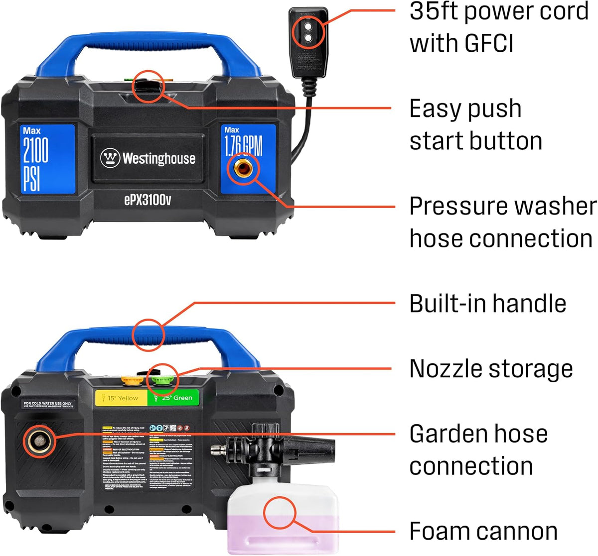 Westinghouse ePX3100v Electric Pressure Washer, 2100 Max PSI 1.76 Max GPM, Built-in Carry Handle, Detachable Foam Cannon, Pro-Style Steel Wand, 3-Nozzle Set, for Cars/Fences/Driveways/Home/Patios