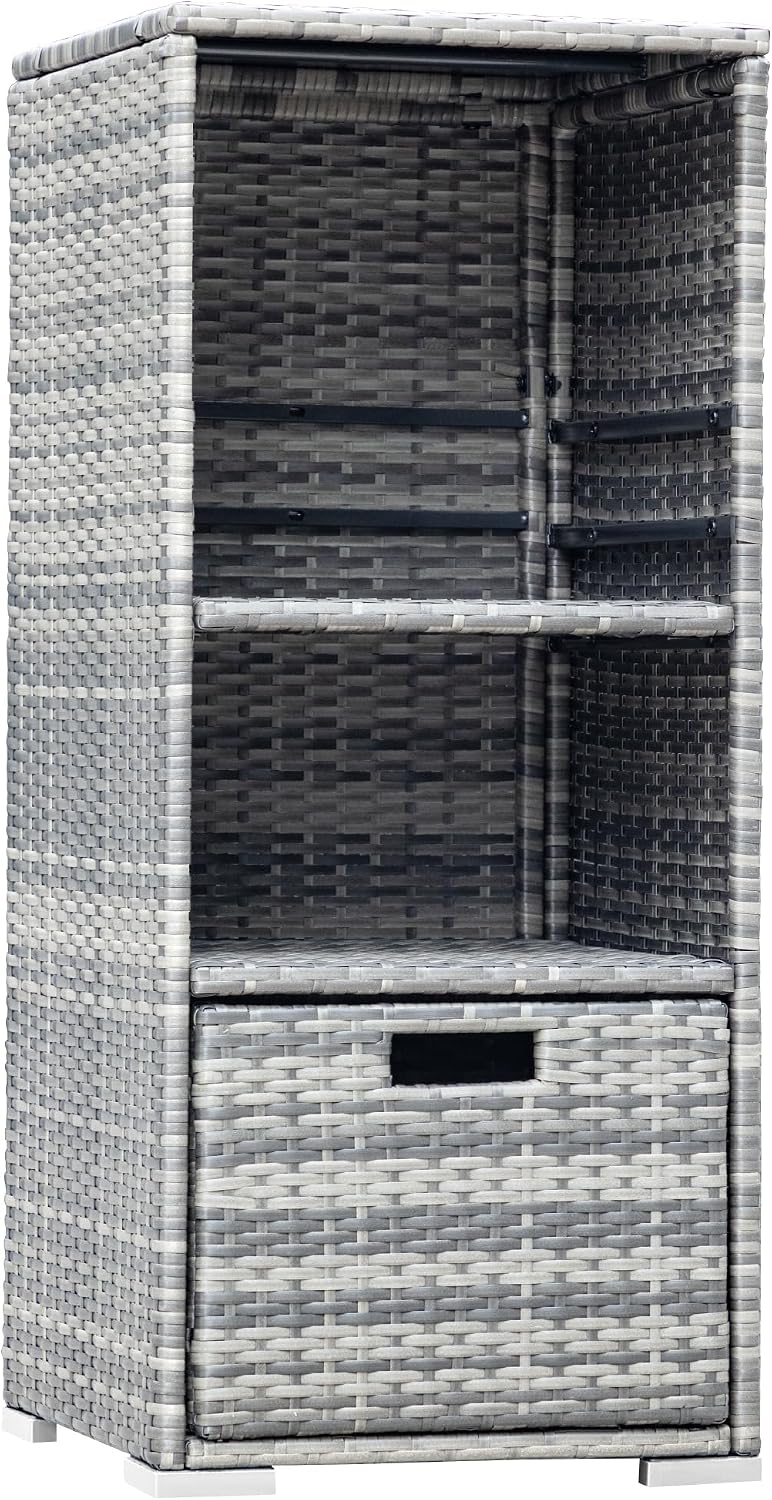 Devoko Outdoor Pool Towel Rack Patio Wicker Storage Cabinet Shed, Gray