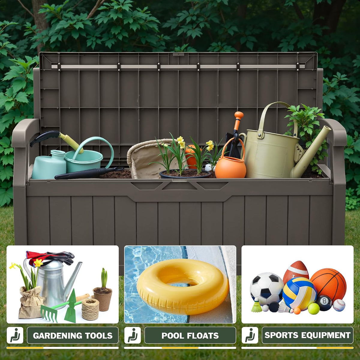 flamaker 80 gallon storage bench, deck box with, side view