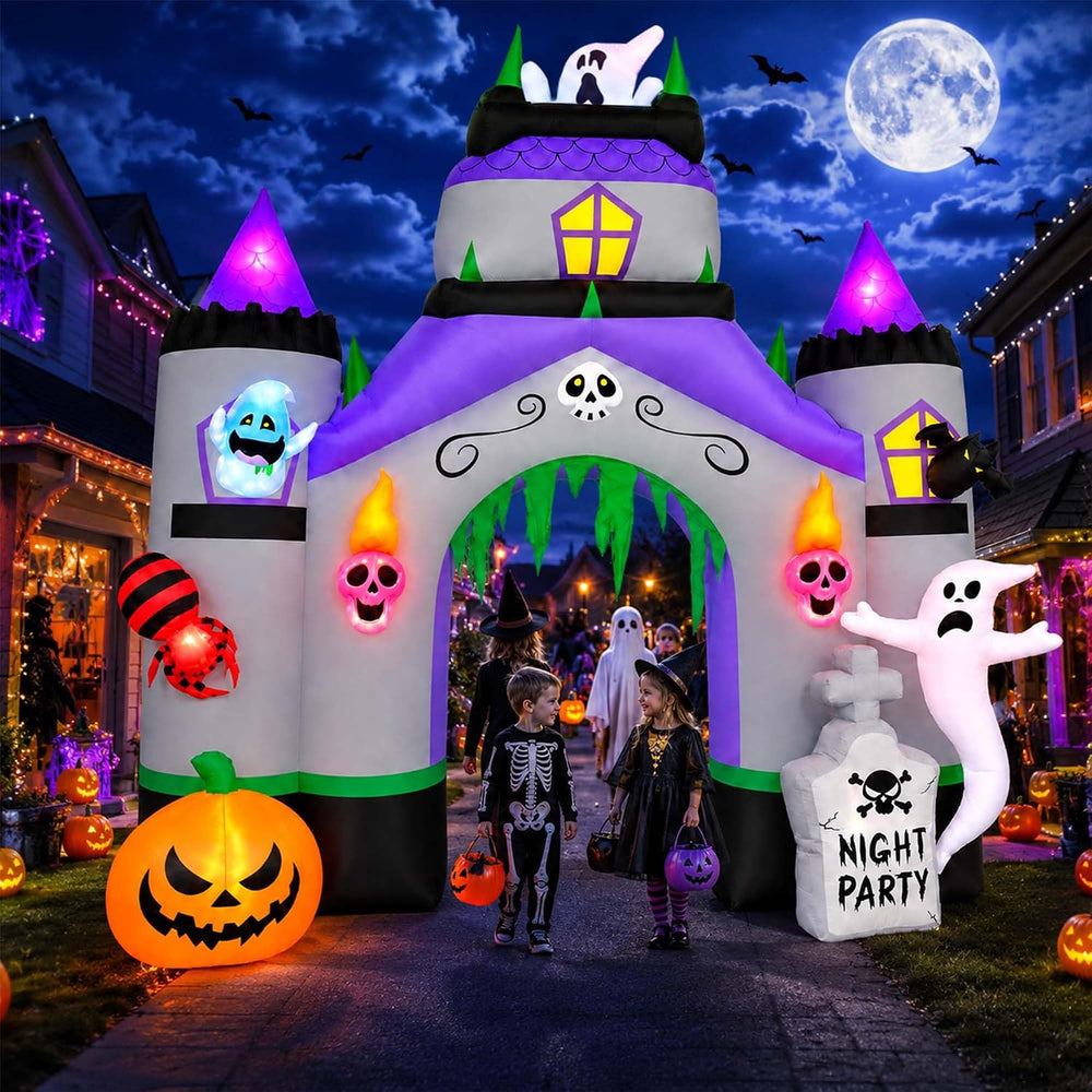 SEASONBLOW 12.3 Ft Giant Halloween Inflatable Haunted House Castle Archway Li...