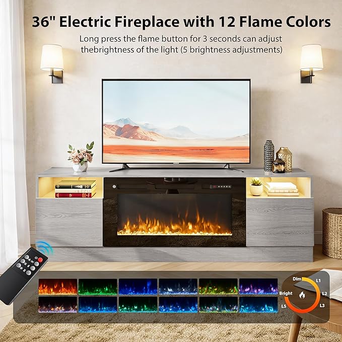 YISUFO 70" TV Stand with 36" Electric Fireplace, Large Modern Media