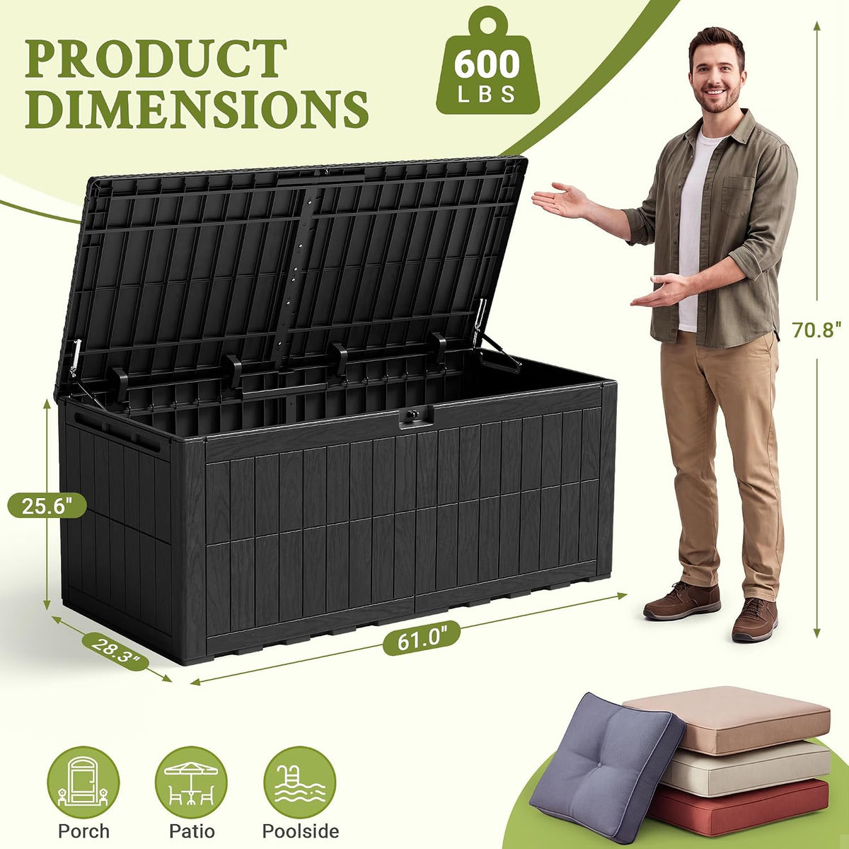 flamaker 180 gallon large outdoor storage box waterproof showing dimensions