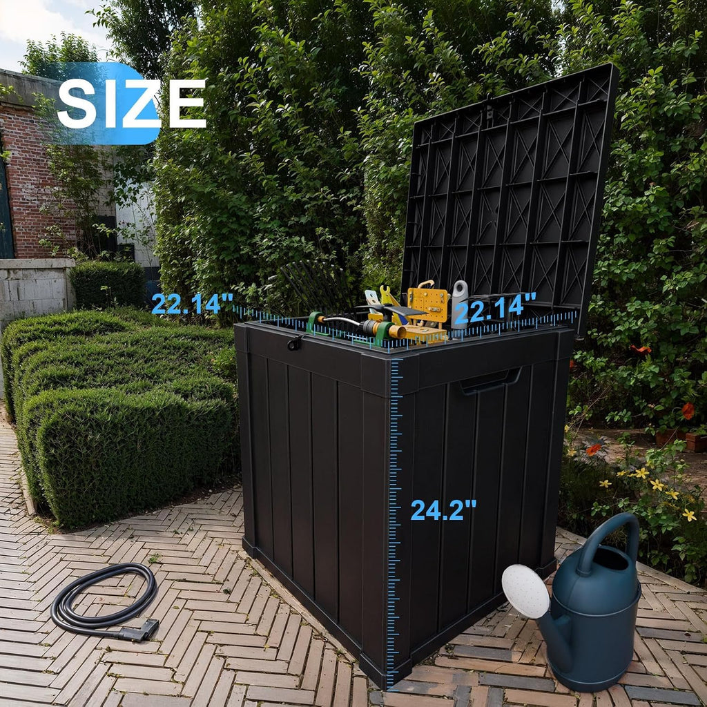 50 gallon waterproof outdoor resin deck box, lockable, side view
