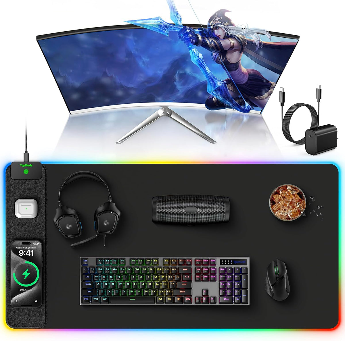 TopMade Wireless Charging Mouse Pad, RGB Gaming Mousepad Home Office Desk Pad