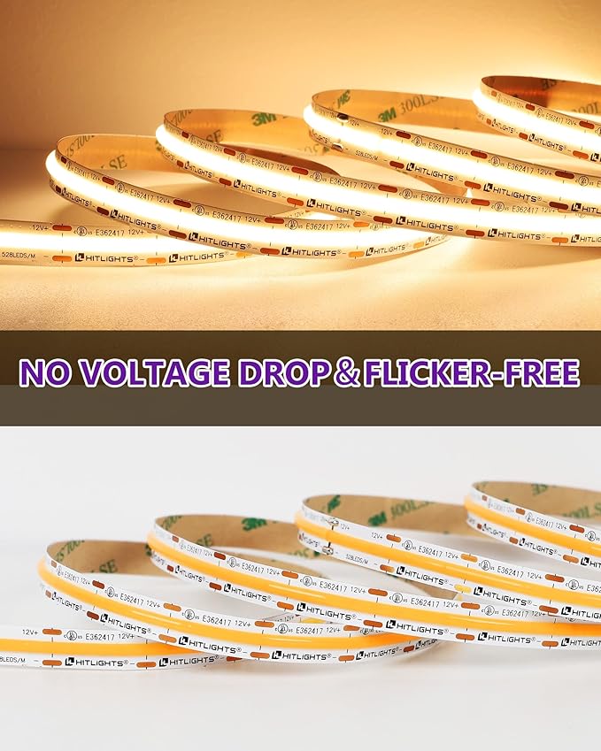 HitLights COB LED Strip Lights Warm White, 12V Tape Light 2700K 16.4ft